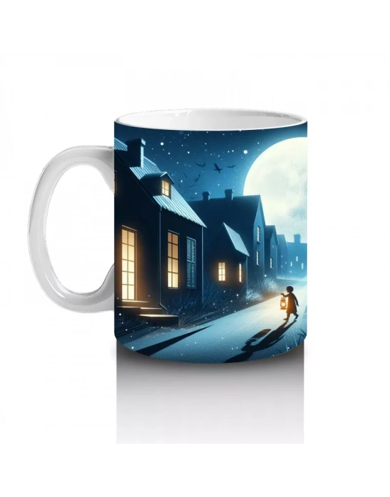 Dolunaylı Sokakta Perili Evler Temalı Gotik Cadılar Bayramı Baskılı Kupa