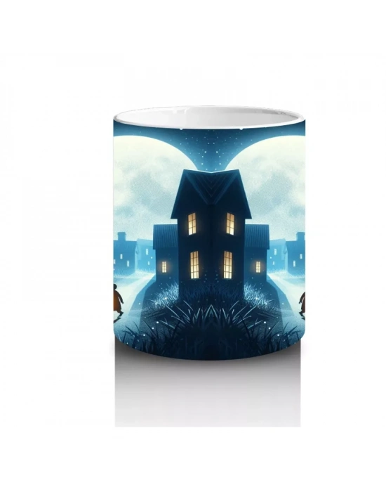 Dolunaylı Sokakta Perili Evler Temalı Gotik Cadılar Bayramı Baskılı Kupa