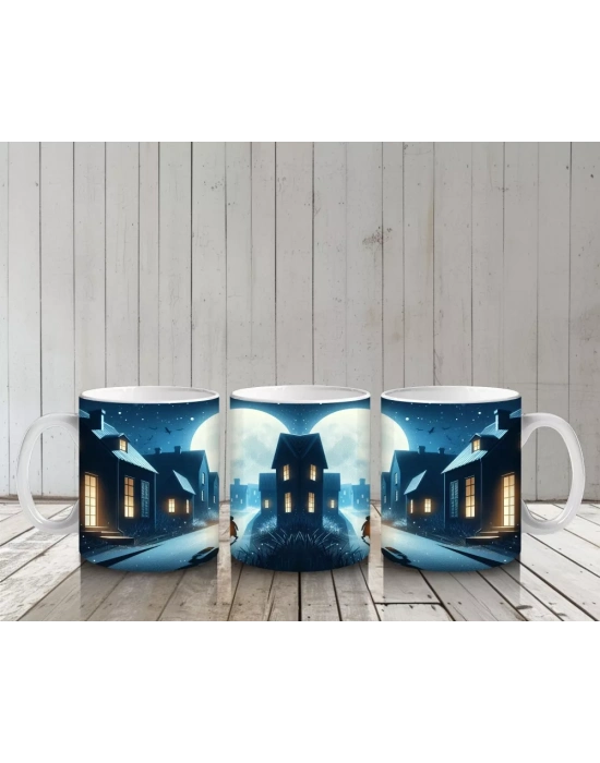 Dolunaylı Sokakta Perili Evler Temalı Gotik Cadılar Bayramı Baskılı Kupa