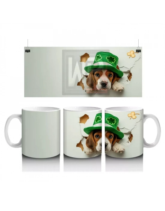 Dört Yapraklı Yonca Şapkasıyla Sevimli Köpek – Baskılı Kahve Kupası