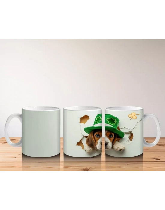 Dört Yapraklı Yonca Şapkasıyla Sevimli Köpek – Baskılı Kahve Kupası