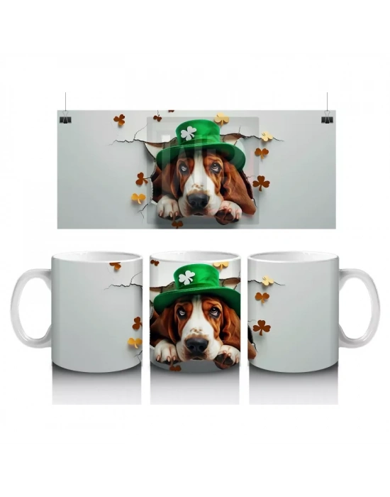 Dört Yapraklı Yoncalar İçinde Şapkalı Köpek – Baskılı Kahve Kupası