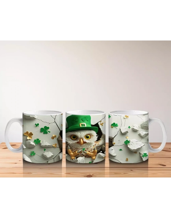 Dört Yapraklı Yoncalarla Şapkalı Baykuş – Baskılı Kahve Kupası