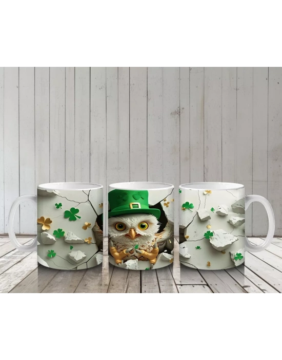 Dört Yapraklı Yoncalarla Şapkalı Baykuş – Baskılı Kahve Kupası