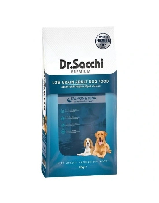 Dr.Sacchi Premium Somonlu ve Ton Balıklı Düşük Tahıllı Yetişkin Köpek Maması 12 Kg