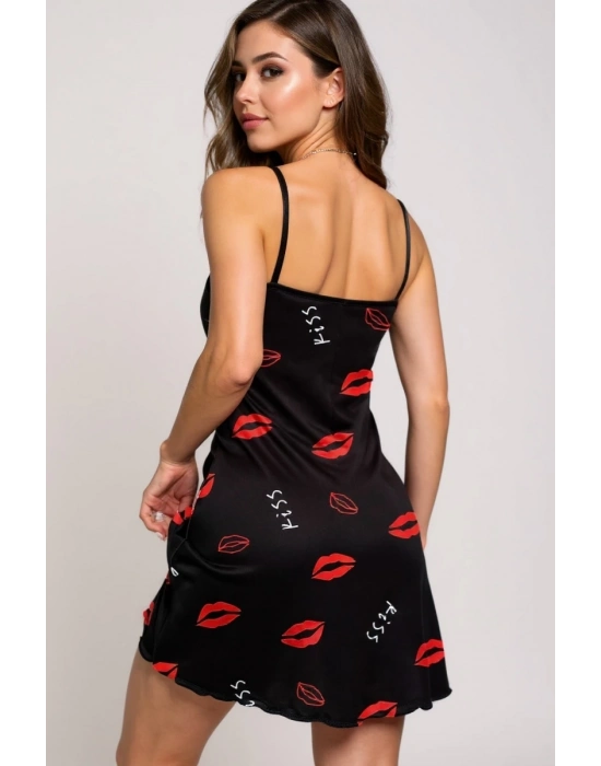 Dudak Desenli Siyah Askılı Gecelik