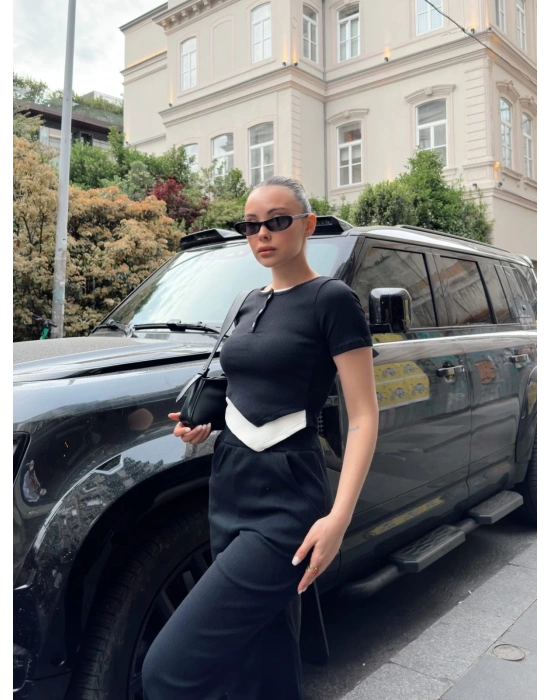 Düğme yakalı siyah alt üst takım s3943