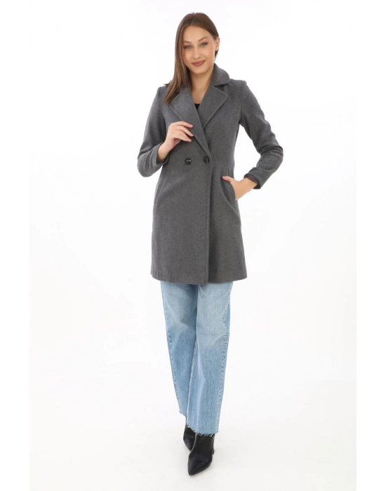 Düğmeli İçi Astarlı   Kaşmir Kaşe Kaban - Füme