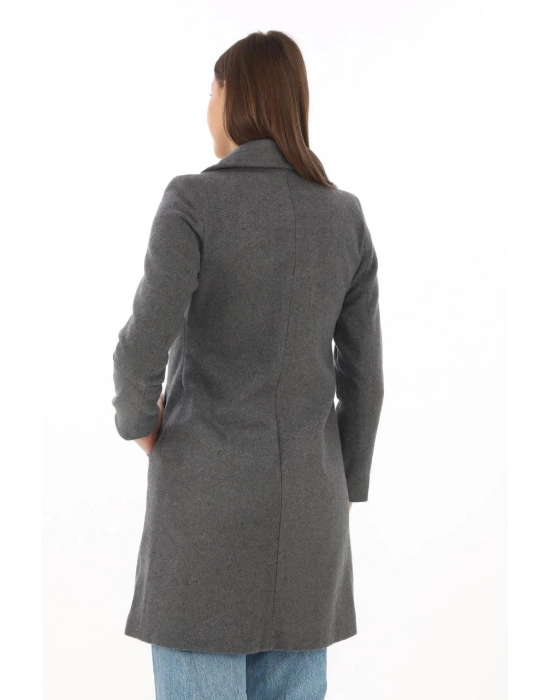 Düğmeli İçi Astarlı   Kaşmir Kaşe Kaban - Füme