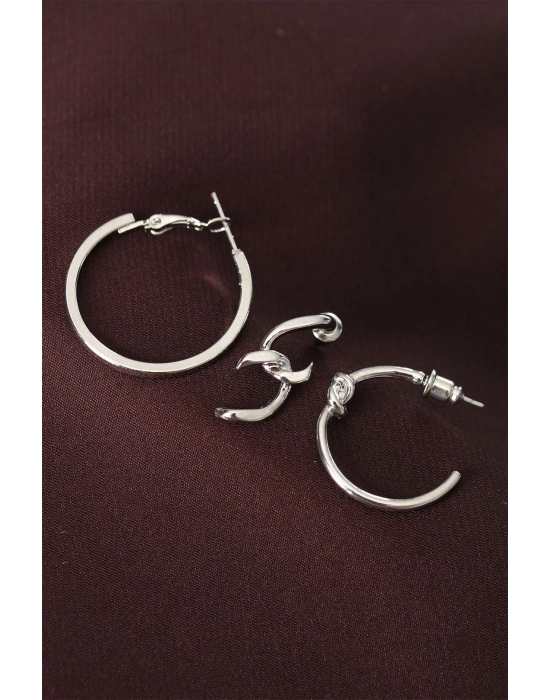 ® Düğüm Model Gümüş Renk Metal Çoklu Halka Küpe