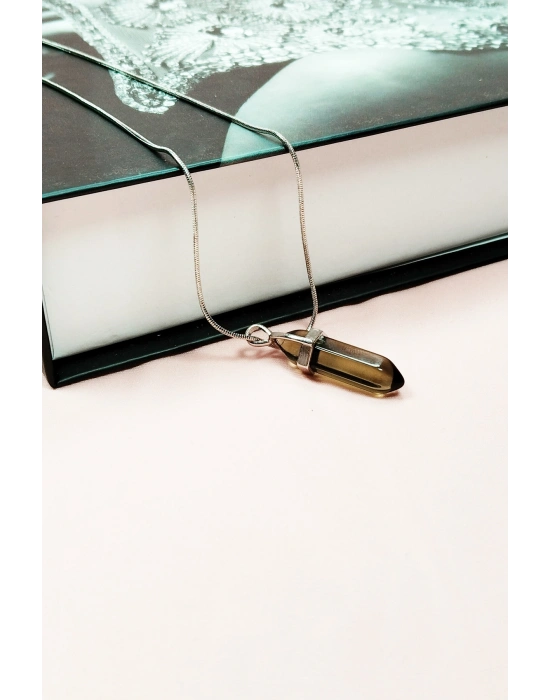 Dumanlı Kuvars Doğal Taşı Zincirli El Yapımı Kolye Uç: 3 cm Zincir: 20 cm Kutulu