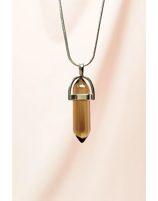 Dumanlı Kuvars Doğal Taşı Zincirli El Yapımı Tasarımlı Kolye Uç: 3,5 cm Zincir: 20 cm Kutulu