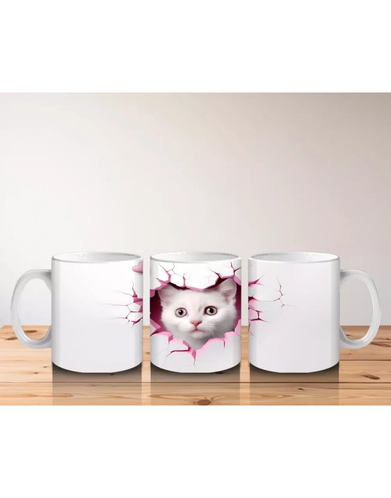 Duvarı Delen Beyaz Kedi Yavrusu – Baskılı Kahve Kupası