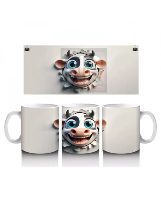 Duvarı Delen Gülümseyen Karikatür İnek Figürü - Baskılı kahve kupası