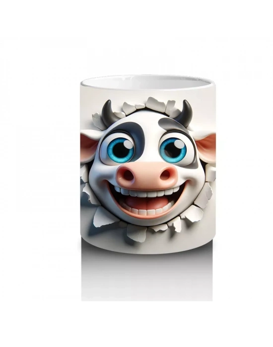 Duvarı Delen Gülümseyen Karikatür İnek Figürü - Baskılı kahve kupası