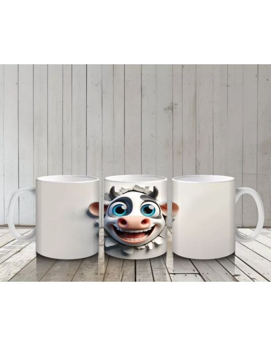 Duvarı Delen Gülümseyen Karikatür İnek Figürü - Baskılı kahve kupası