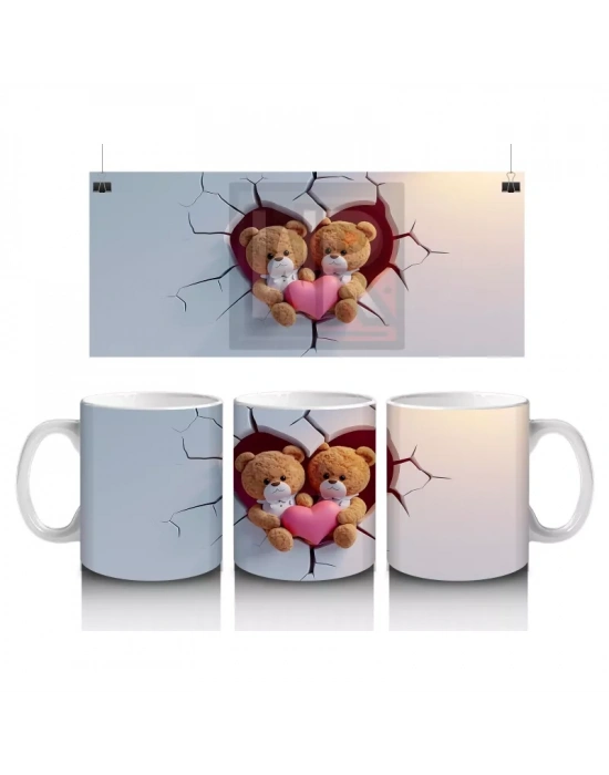 Duvarı Delen Kalpli Sevimli Aşık Ayılar – Baskılı Kahve Kupası