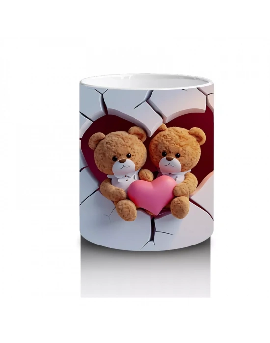 Duvarı Delen Kalpli Sevimli Aşık Ayılar – Baskılı Kahve Kupası