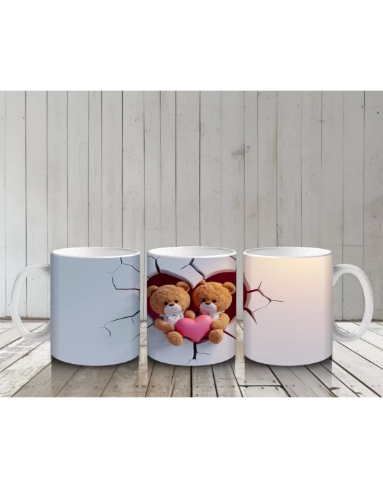 Duvarı Delen Kalpli Sevimli Aşık Ayılar – Baskılı Kahve Kupası