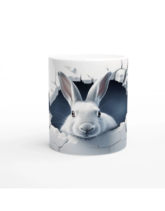 Duvarı Delen Meraklı Beyaz Tavşan Baskılı Kupa Bardak