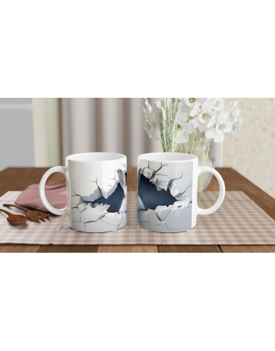 Duvarı Delen Meraklı Beyaz Tavşan Baskılı Kupa Bardak