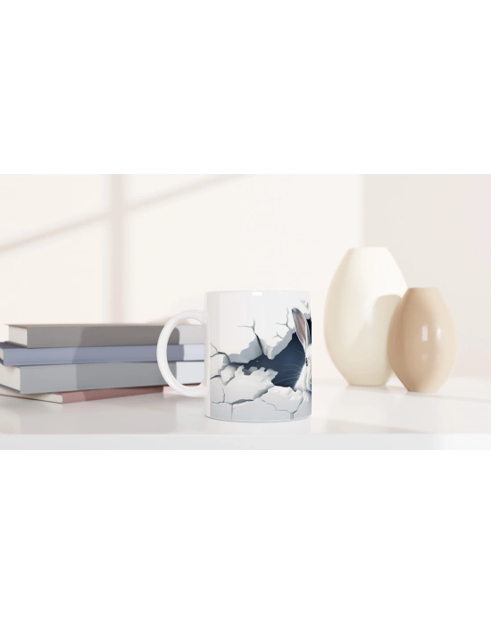 Duvarı Delen Meraklı Beyaz Tavşan Baskılı Kupa Bardak