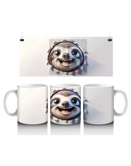 Duvarı Delen Neşeli Tembel Hayvan – 3D Komik Yüzlü Kupa Tasarımı