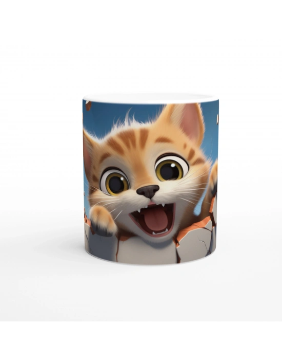 Duvarı Delen Neşeli Turuncu Kedi Baskılı Kupa Bardak