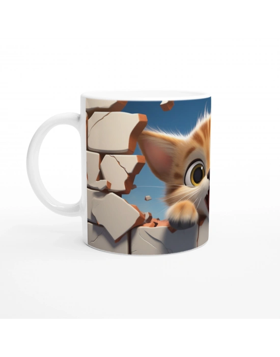 Duvarı Delen Neşeli Turuncu Kedi Baskılı Kupa Bardak