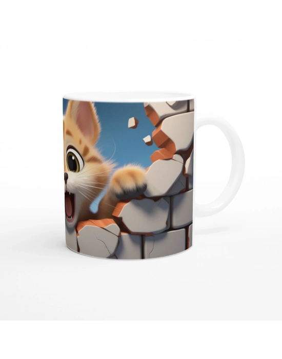 Duvarı Delen Neşeli Turuncu Kedi Baskılı Kupa Bardak