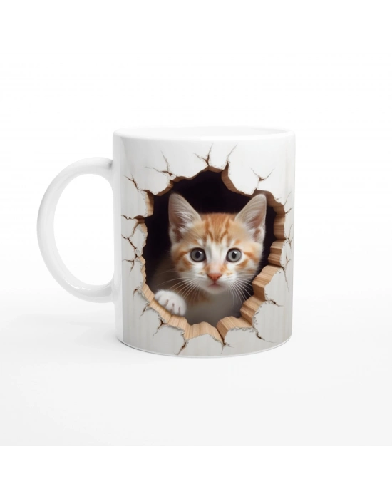 Duvarı Delen Turuncu Beyaz Yavru Kedi Kupa Bardak