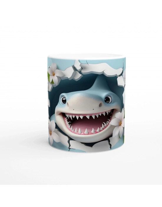 Duvarı Delip Çıkan Neşeli Köpekbalığı ve Çiçek Temalı Kupa Bardak