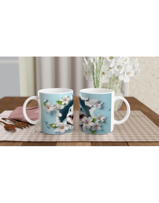 Duvarı Delip Çıkan Neşeli Köpekbalığı ve Çiçek Temalı Kupa Bardak