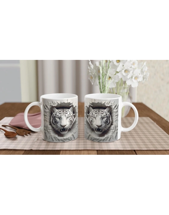 Duvarı Parçalayan Beyaz Kaplan Baskılı Kupa Bardak