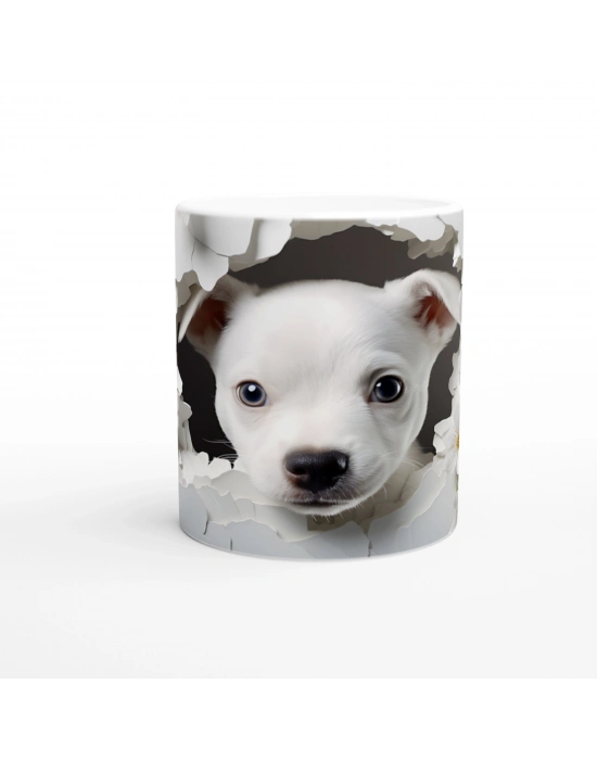 Duvarı Yarmış Masum Bakışlı Beyaz Köpekçik Baskılı Kupa Bardak