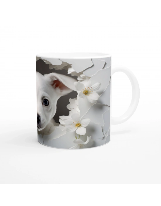 Duvarı Yarmış Masum Bakışlı Beyaz Köpekçik Baskılı Kupa Bardak