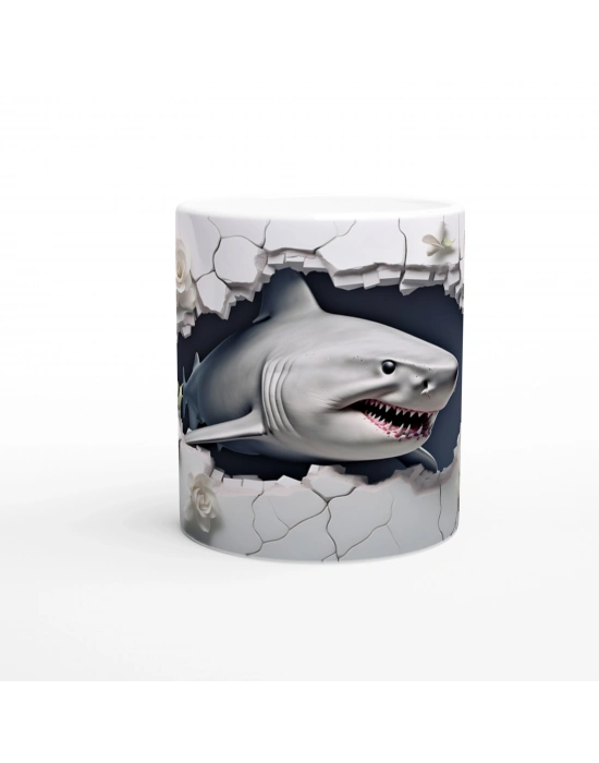 Duvarı Yırtan Köpekbalığı ve Beyaz Gül Temalı Su Altı Kupa Bardak