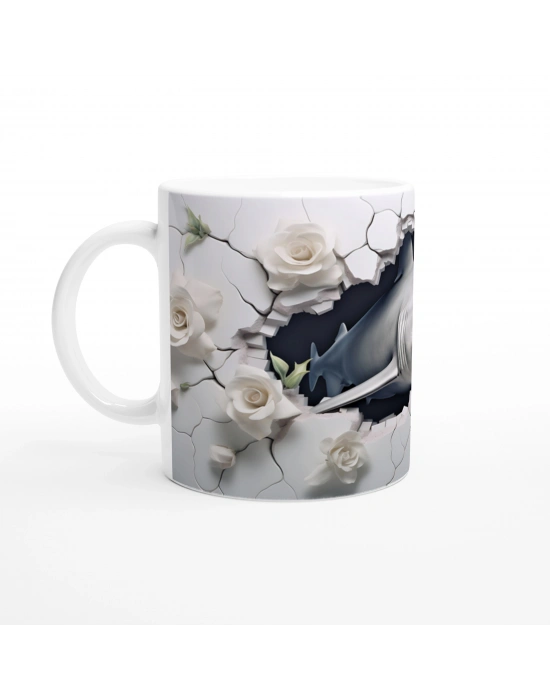 Duvarı Yırtan Köpekbalığı ve Beyaz Gül Temalı Su Altı Kupa Bardak