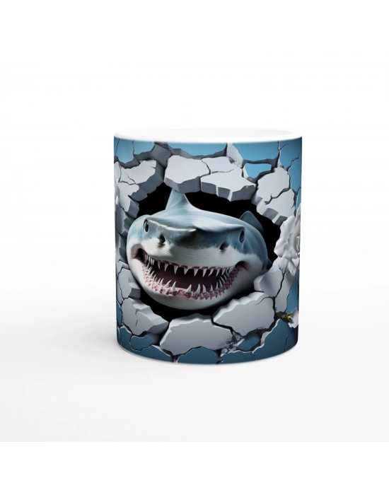 Duvarı Yırtan Vahşi Köpekbalığı ve Beyaz Güller Su Altı Temalı Kupa Bardak