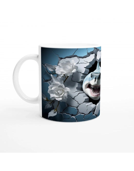 Duvarı Yırtan Vahşi Köpekbalığı ve Beyaz Güller Su Altı Temalı Kupa Bardak