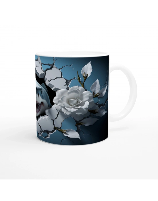 Duvarı Yırtan Vahşi Köpekbalığı ve Beyaz Güller Su Altı Temalı Kupa Bardak