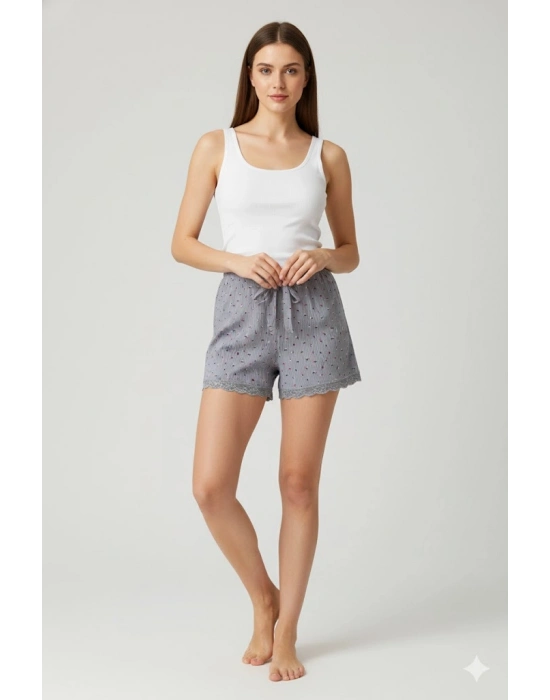 Düz Renk Mini Çiçek Desenli Penye Kadın Ev Şortu Bacak Dantel Detaylı Ev Giyim Gri