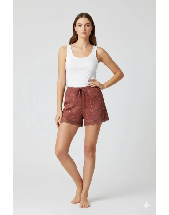 Düz Renk Mini Çiçek Desenli Penye Kadın Ev Şortu Bacak Dantel Detaylı Ev Giyim Taba