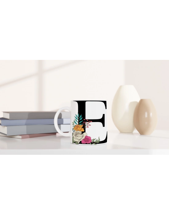 E Harfi Çiçek Motifli Kupa Bardak