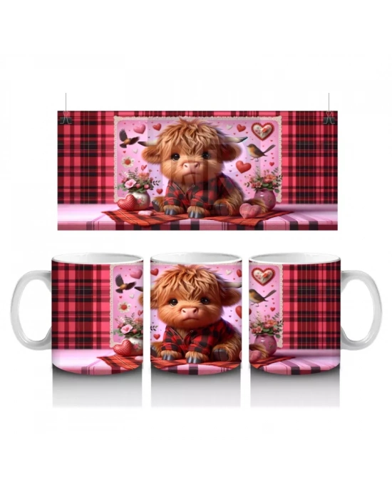 Ekoseli Kalpli Arka Plan Üzerinde Boğa Figürü – Baskılı Kahve Kupası