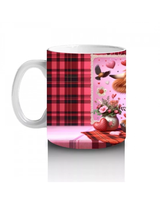 Ekoseli Kalpli Arka Plan Üzerinde Boğa Figürü – Baskılı Kahve Kupası