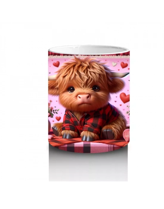 Ekoseli Kalpli Arka Plan Üzerinde Boğa Figürü – Baskılı Kahve Kupası