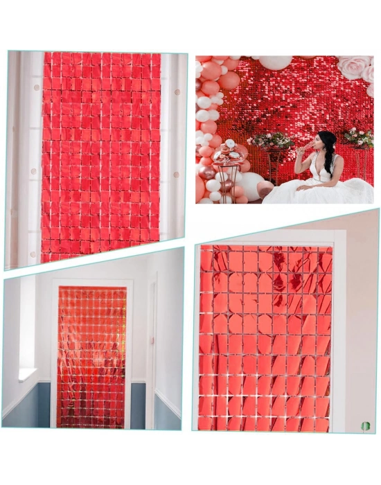 Ekstra Metalize Kırmızı Renk Disko Dikdörtgen Kesim Kapı Perdesi Dekorasyon 1x2 Metre