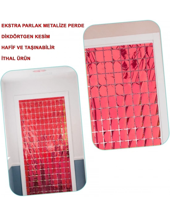 Ekstra Metalize Kırmızı Renk Disko Dikdörtgen Kesim Kapı Perdesi Dekorasyon 1x2 Metre