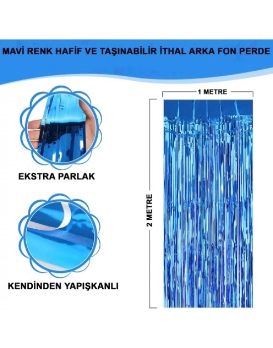 Ekstra Metalize Mavi Renk Saçaklı Arka Fon Perde 1x2 metre